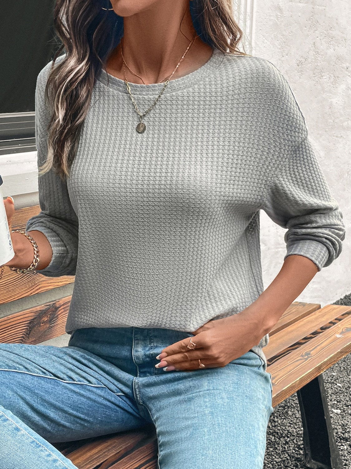 Round Neck Dropped Shoulder Long Sleeve T-Shirt - Trendsi