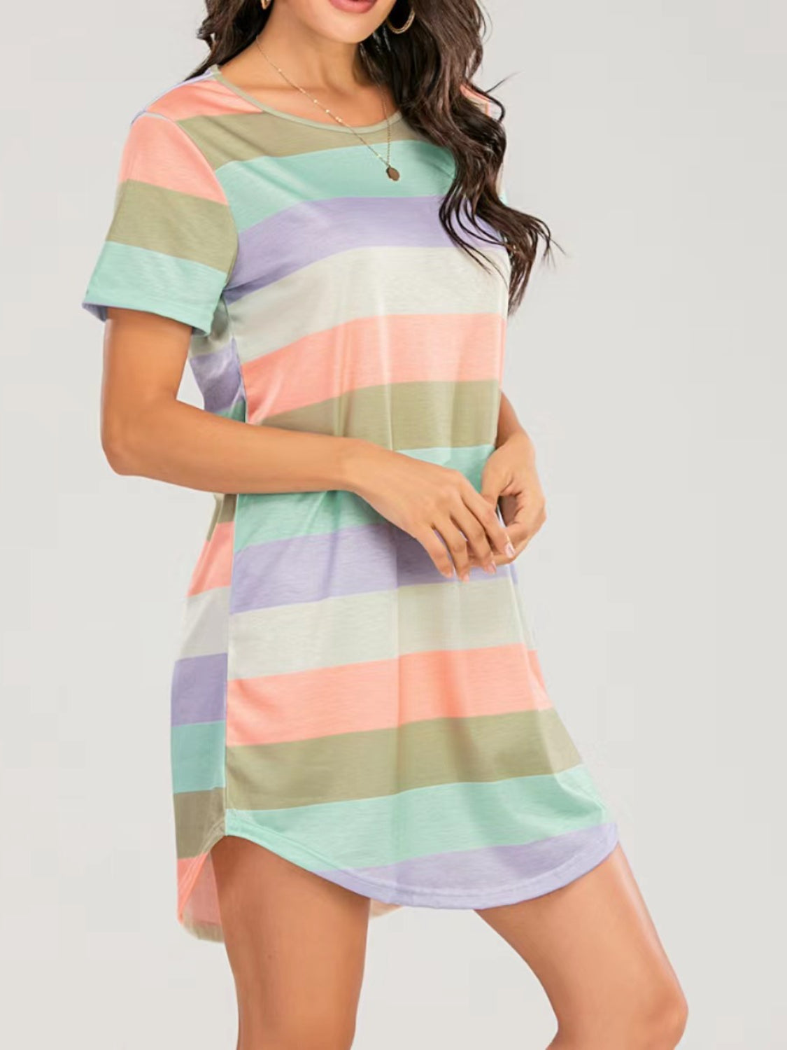 Striped Round Neck Short Sleeve Tee Dress Trendsi