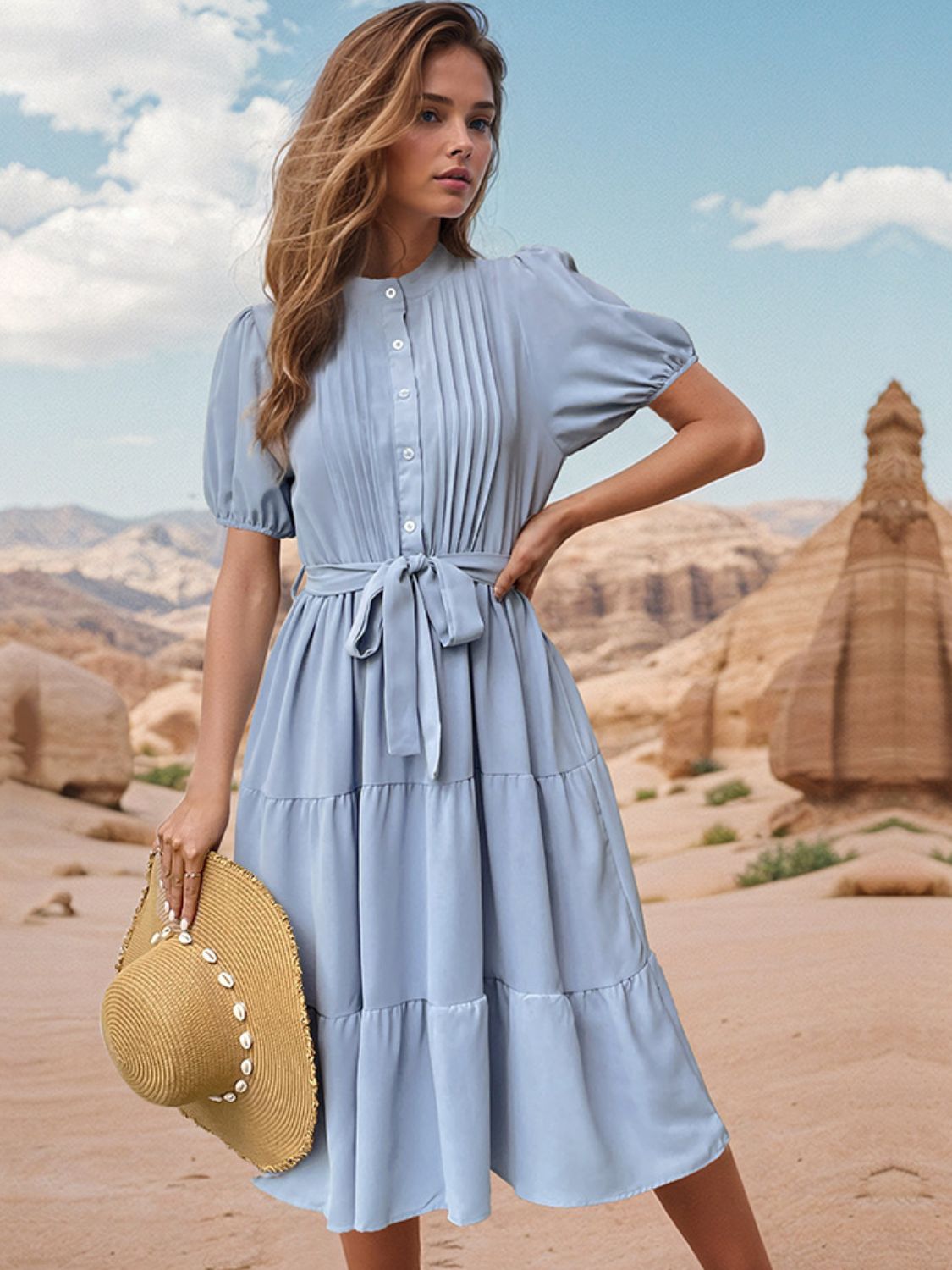 Tie Waist Puff Sleeve Midi Dress Trendsi