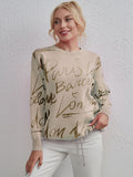 Drawstring Hem Letter Pattern Round Neck Dropped Shoulder Sweater - Trendsi