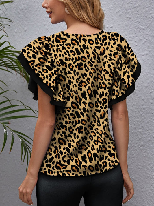 Leopard Round Neck Flounce Sleeve Blouse - Trendsi