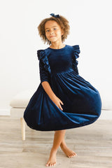 Navy Velvet Ruffle Twirl Dress