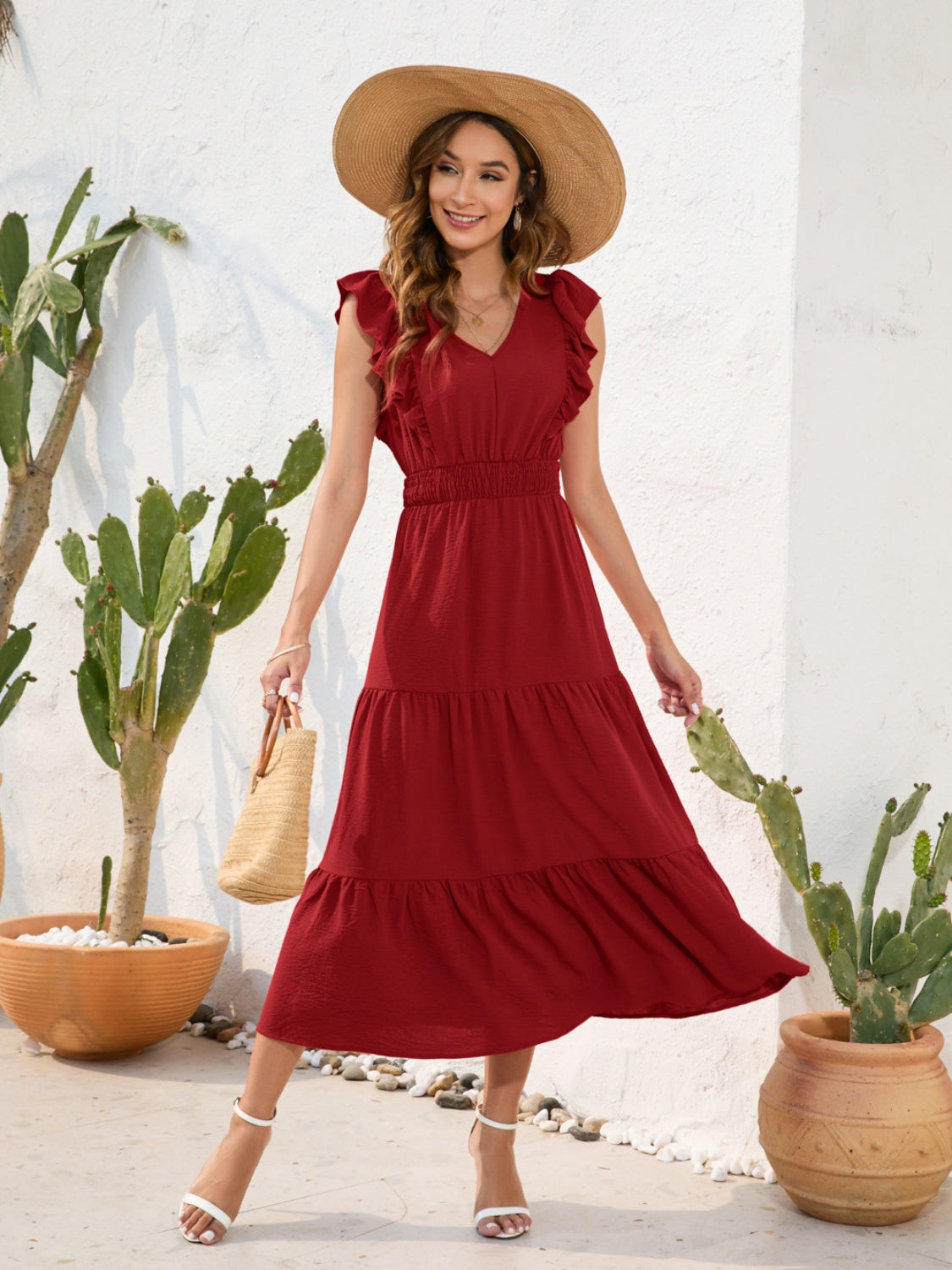 Tiered Ruffled V-Neck Cap Sleeve Dress - Flyclothing LLC