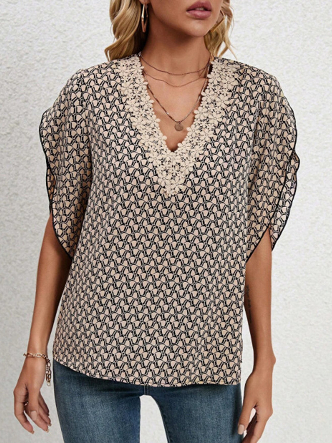 Lace Detail Printed V-Neck Half Sleeve Blouse - Flyclothing LLC