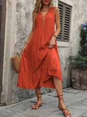 Decorative Button Notched Sleeveless Dress Trendsi