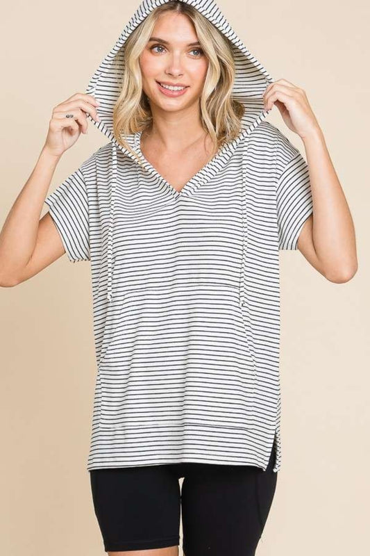 Culture Code Full Size Striped Short Sleeve Hooded Top Trendsi