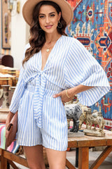 Tied Striped Three-Quarter Sleeve Romper - Trendsi