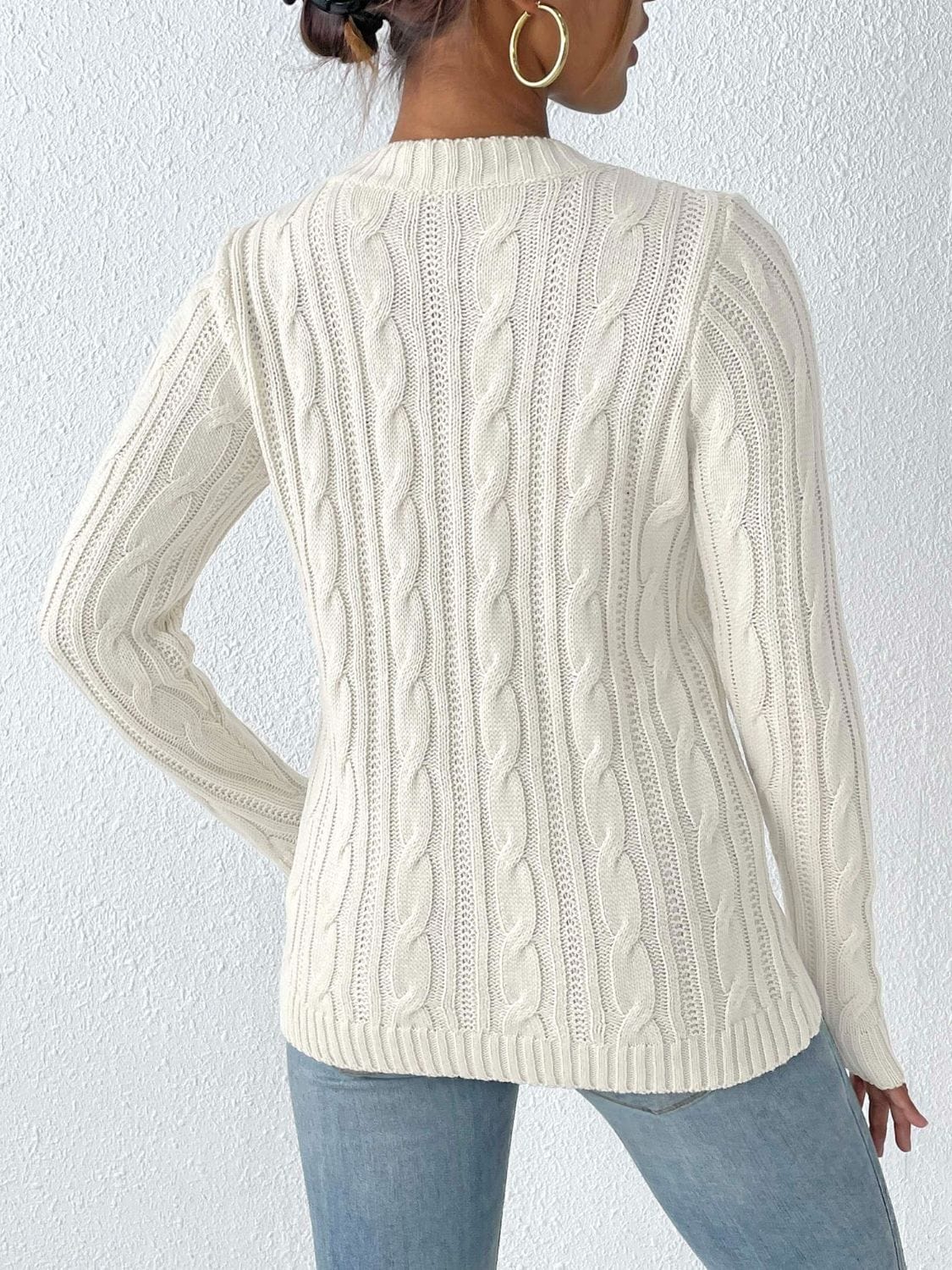 Cable-Knit Heart Round Neck Long Sleeve Sweater - Trendsi