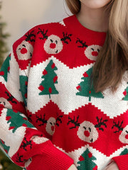 Christmas Element Round Neck Long Sleeve Sweater - Trendsi