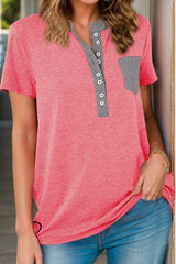 Full Size Half Button Short Sleeve T-Shirt - Trendsi