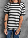 Full Size Contrast Stitching Striped Round Neck T-Shirt