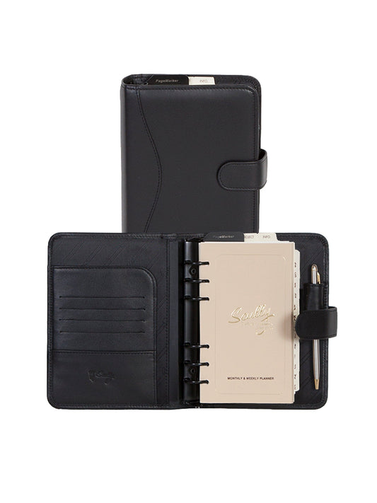 italia black soft plonge leather 6 ring tab weekly organizer