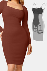 Basic Bae Full Size Built-In Shapewear Square Neck Long Sleeve Dress - Trendsi