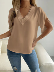 V-Neck Short Sleeve Blouse - Flyclothing LLC