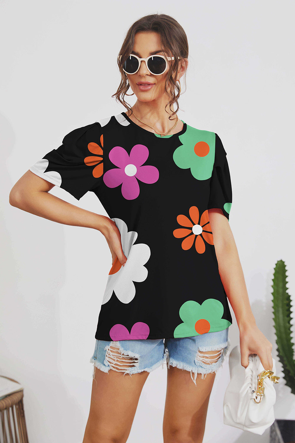 Flower Round Neck Short Sleeve Blouse Trendsi