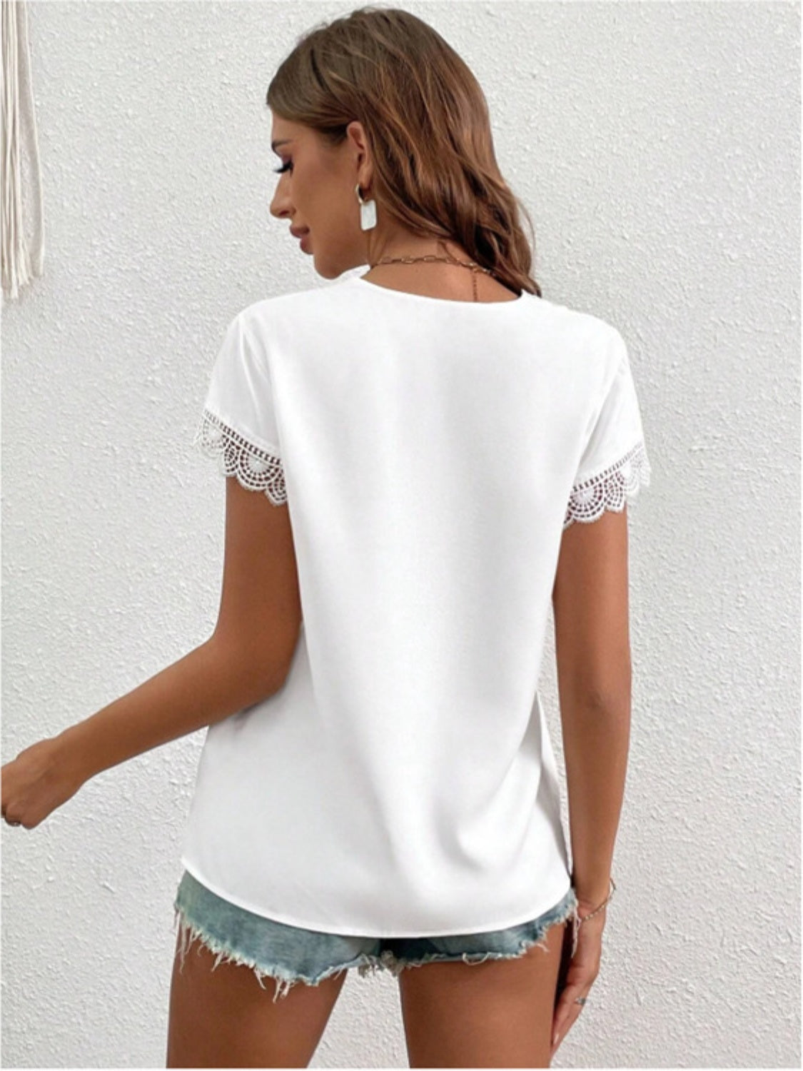 Lace Detail V-Neck Cap Sleeve Blouse - Flyclothing LLC