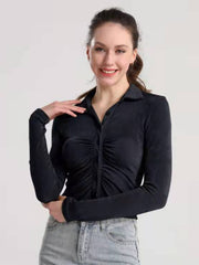 Ruched Button Up Long Sleeve T-Shirt - Flyclothing LLC