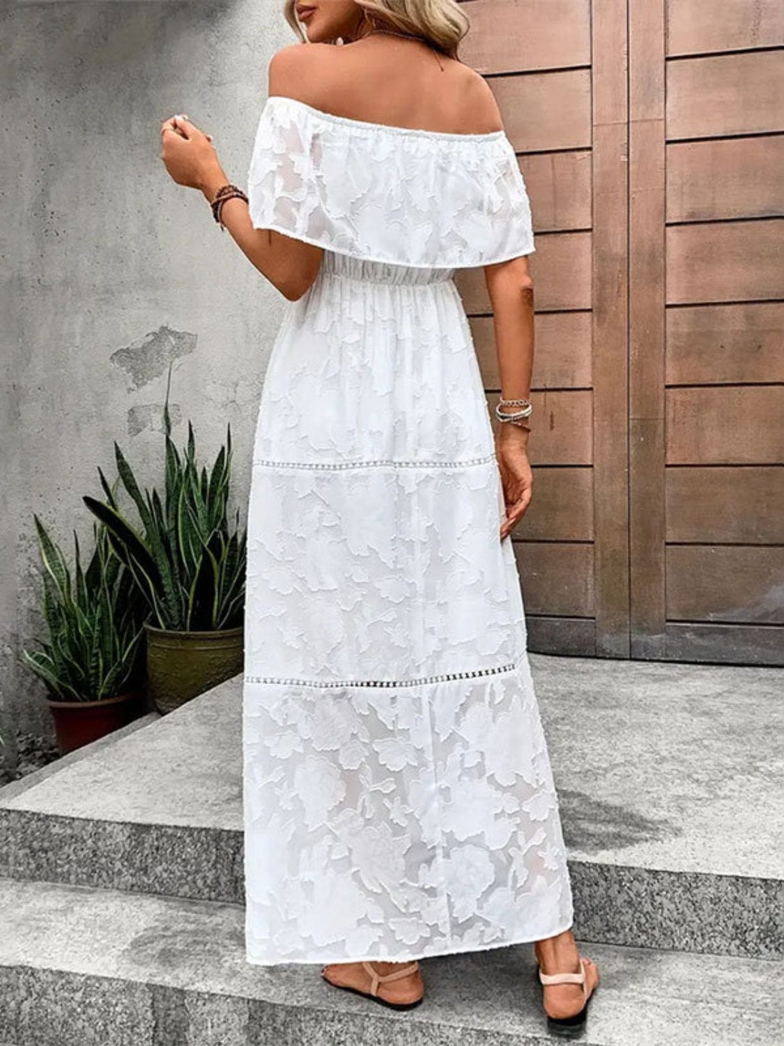 Off-Shoulder Short Sleeve Maxi Dress - Trendsi