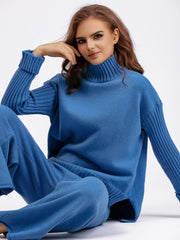 Basic Bae High- Low Turtleneck Long Sleeve Top and Pants Sweater Set - Trendsi