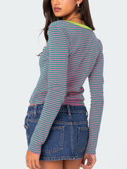 Buttoned Striped Long Sleeve T-Shirt - Trendsi