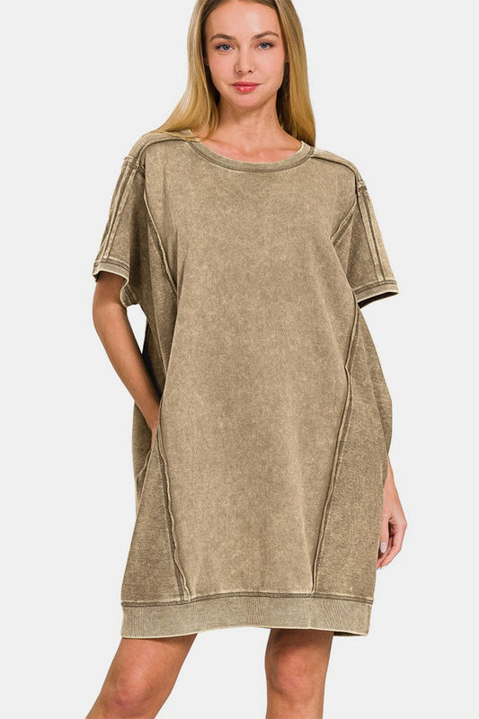 Zenana Washed Exposed Seam Mini Tee Dress - Flyclothing LLC