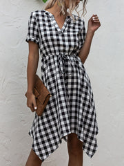 Plaid Notched Short Sleeve Dress Trendsi