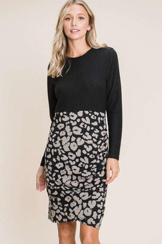 BOMBOM Leopard Color Block Knit Dress - Trendsi