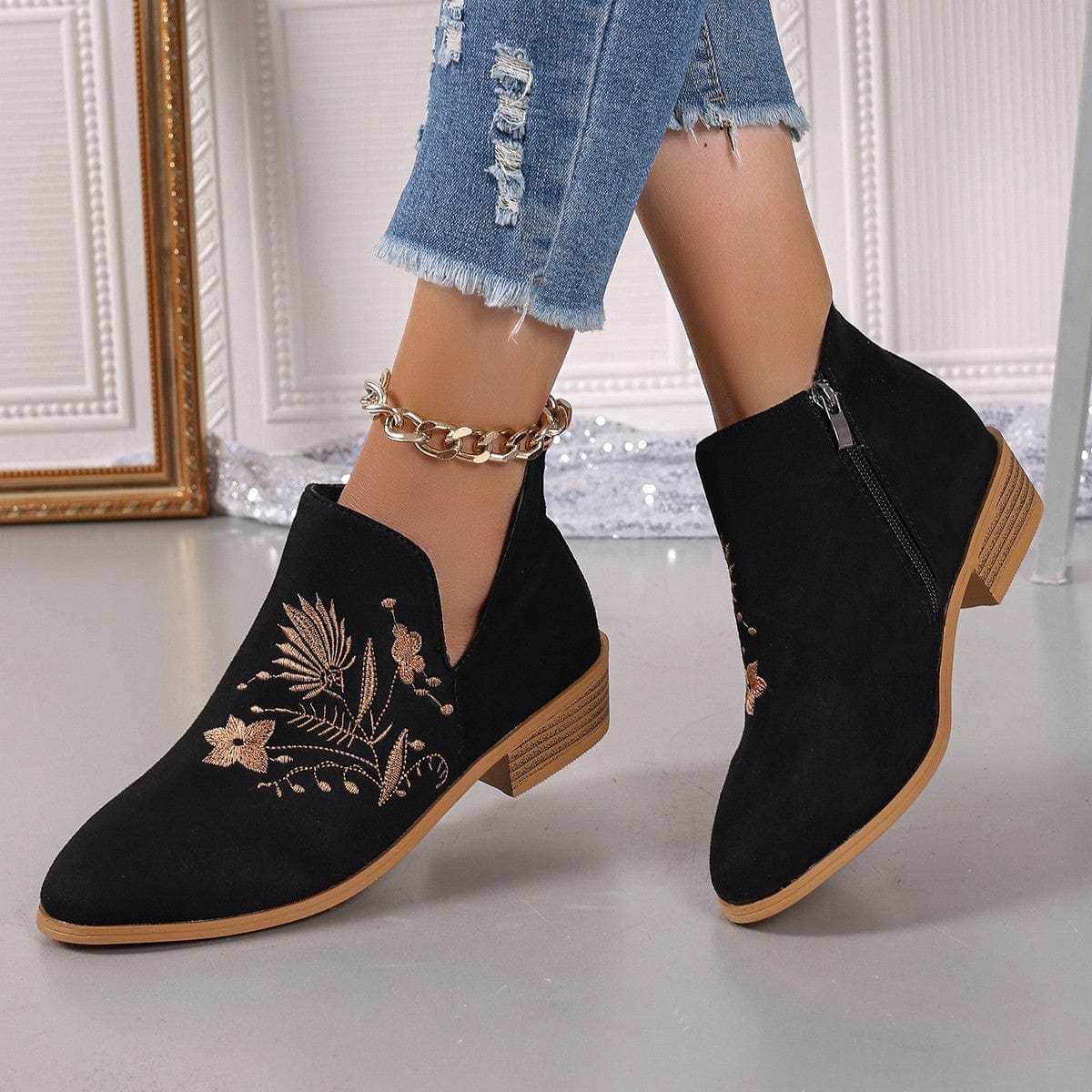 Embroidered Suede Point Toe Block Heel Boots - Trendsi