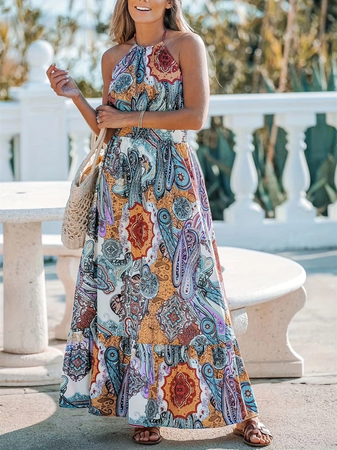 Printed Halter Neck Maxi Dress - Trendsi