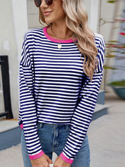 Striped Contrast Round Neck Long Sleeve Sweater