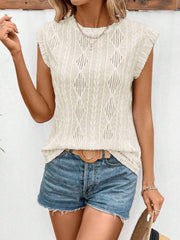 Eyelet Round Neck Cap Sleeve Top