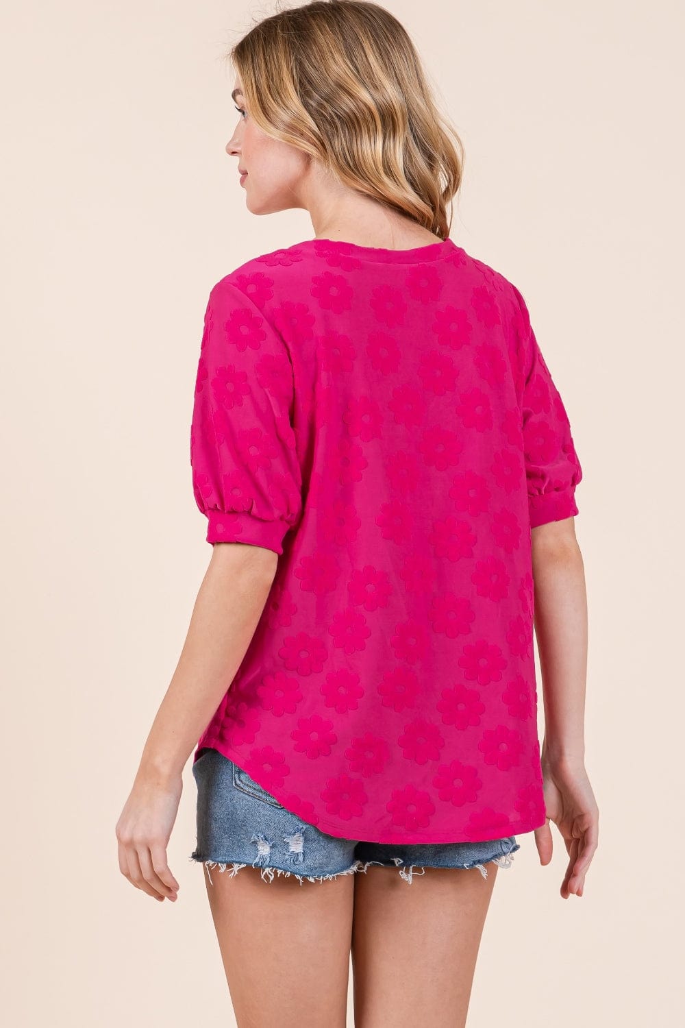 BOMBOM Textured Floral Pattern Top - Trendsi