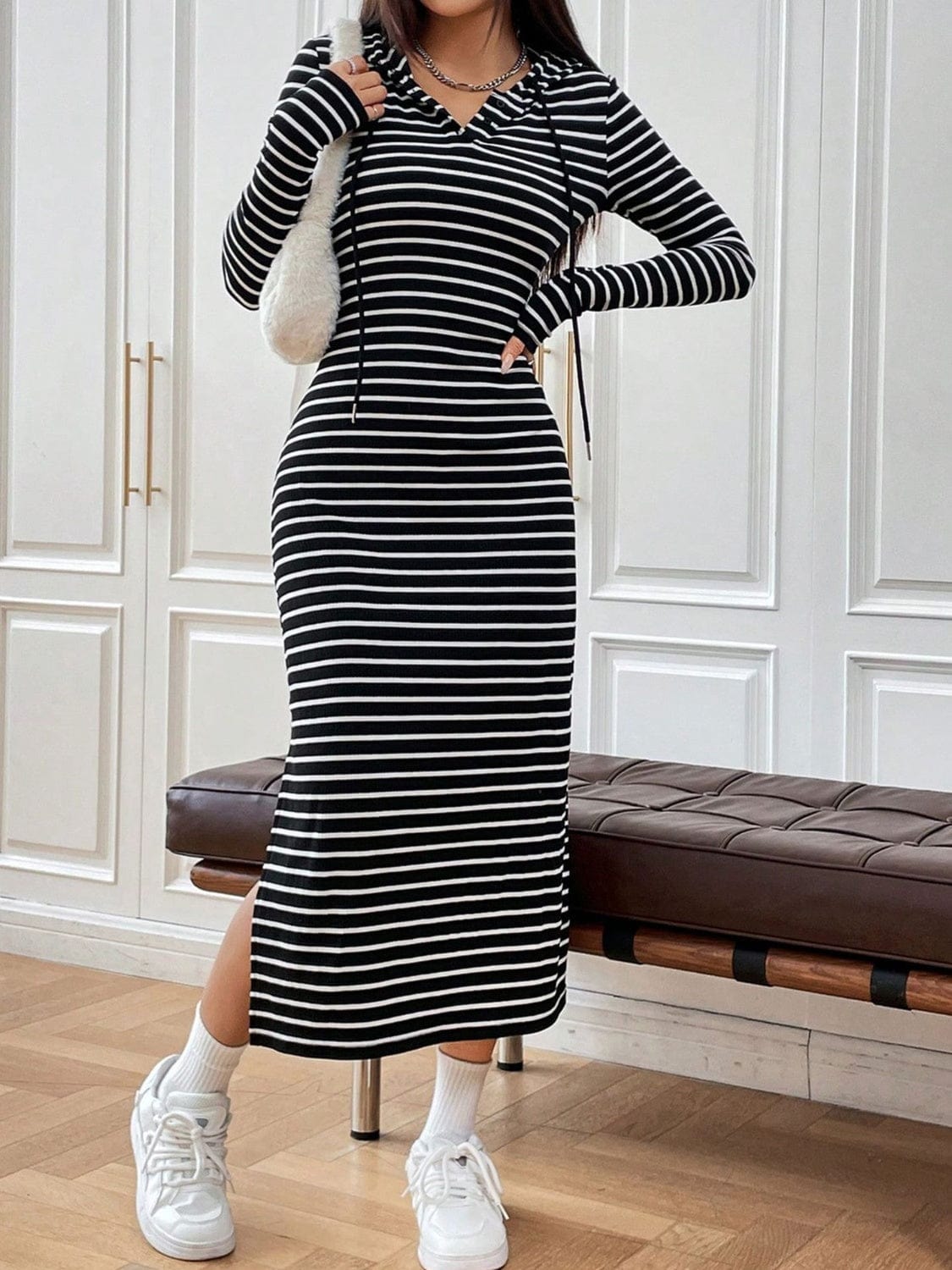 Drawstring Striped Long Sleeve Hooded Dress - Trendsi