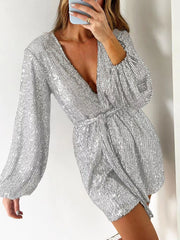 Full Size Sequin Surplice Tie Waist Long Sleeve Romper