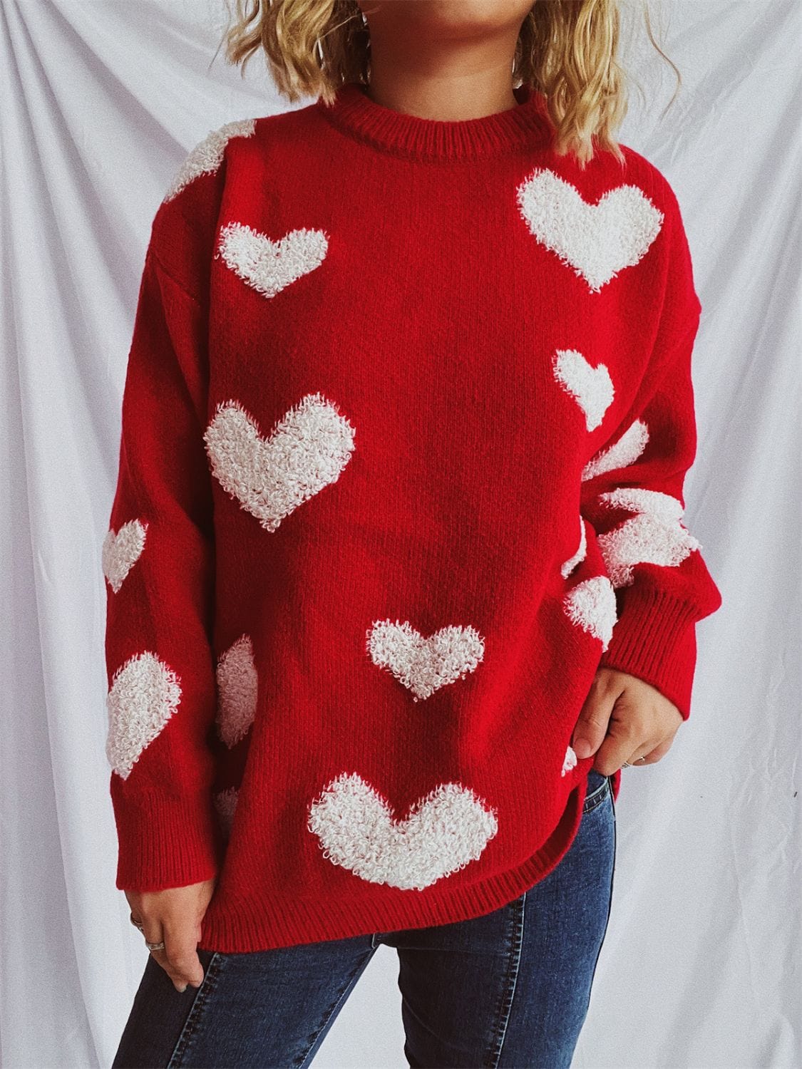 Heart Round Neck Dropped Shoulder Sweater - Trendsi