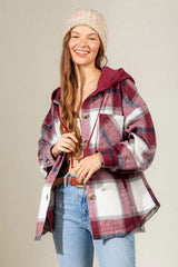 Drawstring Plaid Dropped Shoulder Hooded Shacket - Trendsi