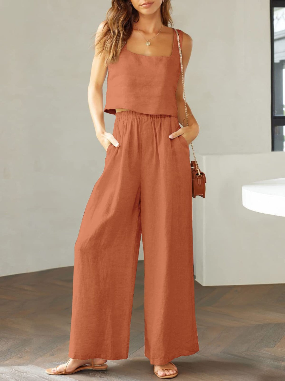 Square Neck Top and Wide Leg Pants Set - Flyclothing LLC