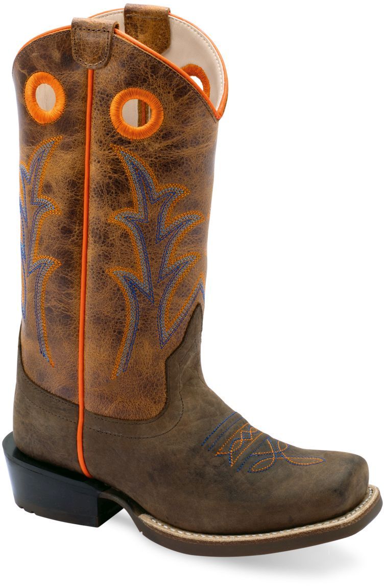 Old West Dark Brown Bull Hide Print Foot Burnt Brown Shaft YOUTH 'S MEDIUM SQUARE TOE BOOTS