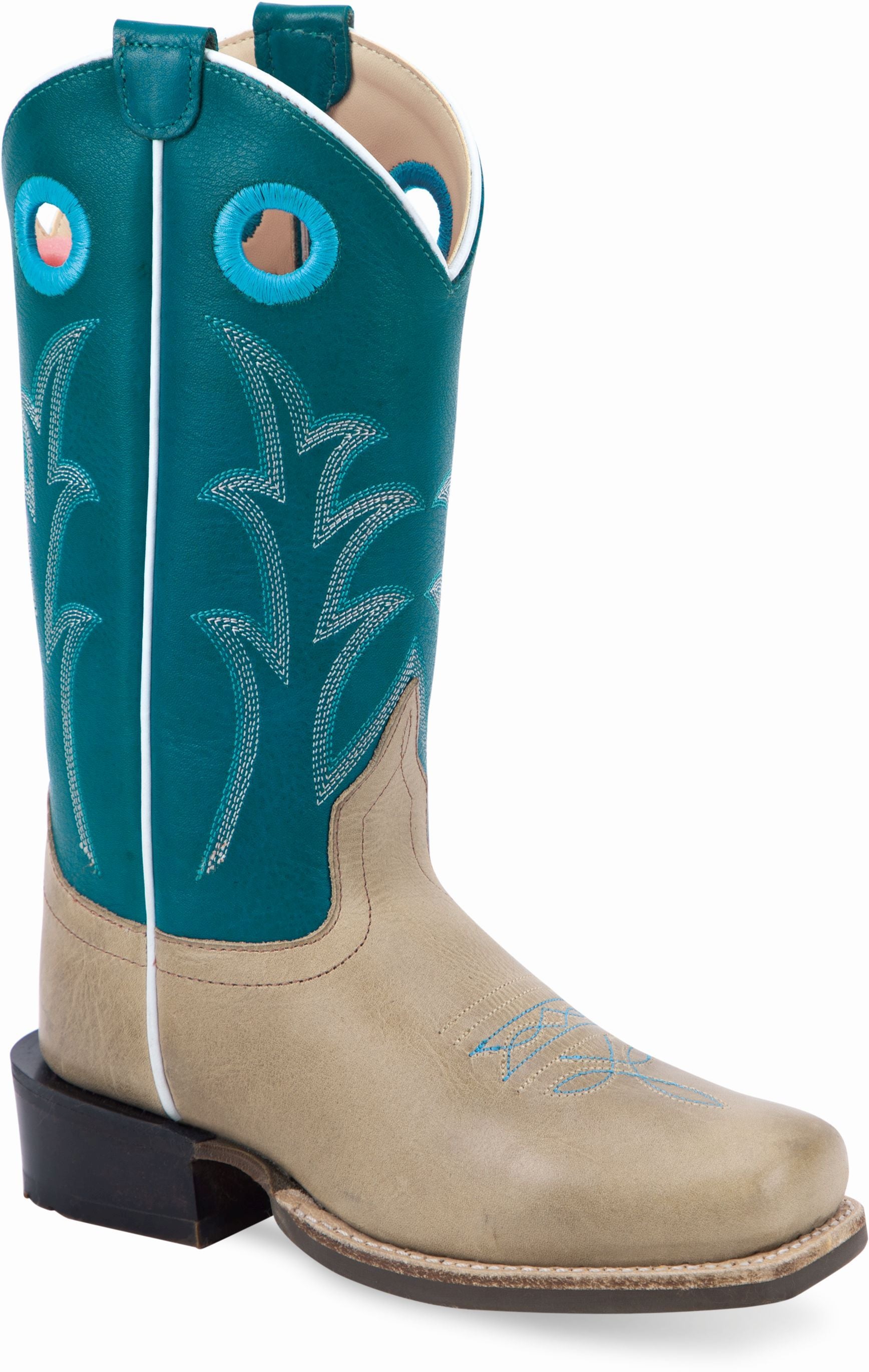 Old West Cactus Ivory Foot Antique Polish Turquoise Shaft Youth's Medium Square Toe Boots