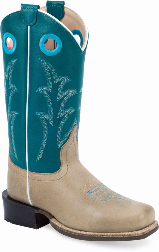 Old West Cactus Ivory Foot Antique Polish Turquoise Shaft Youth's Medium Square Toe Boots - Old West