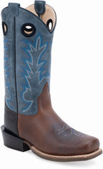 Old West Burnt Brown Foot with Printed Black Counter Milled Crunchy Blue Shaft Youth's Medium Square Toe Boots - Old West