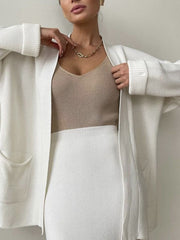 Pocketed Long Sleeve Cardigan and Skirt Sweater Set - Trendsi