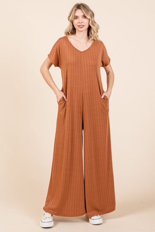 BOMBOM Ribbed Short Sleeve Wide Leg Jumpsuit - Trendsi