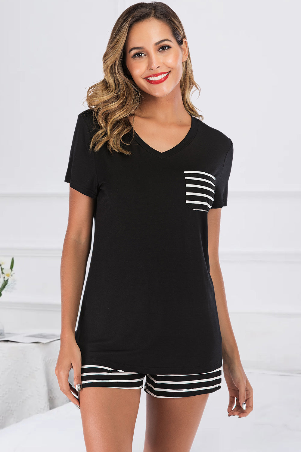 Striped Short Sleeve Top and Shorts Lounge Set - Flyclothing LLC