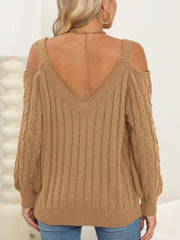 Cable-Knit Heart V-Neck Sweater - Trendsi