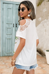 Lace Detail Round Neck Cold Shoulder Blouse Trendsi