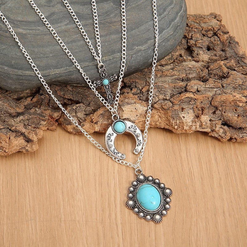 Artificial Turquoise Alloy Three-Layered Necklace - Trendsi