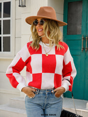 Angel Wings Checkered Round Neck Dropped Shoulder Sweater - Trendsi