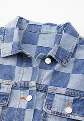 Checkered Button Up Denim Jacket - Trendsi