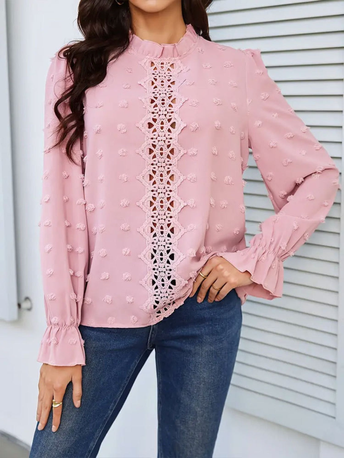 Swiss Dot Mock Neck Flounce Sleeve Blouse